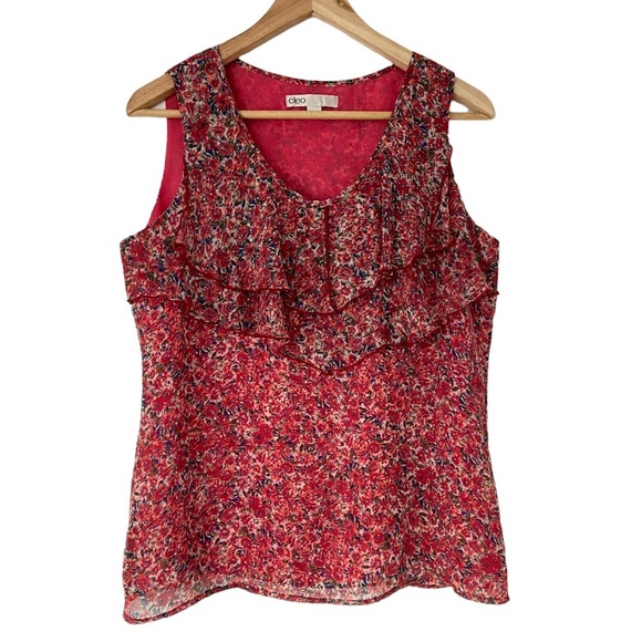 cleo Tops - CLEO BRIGHT FLOWY FLORAL SLEEVELESS TOP/BLOUSE WITH FRONT RUFFLE, SMALL